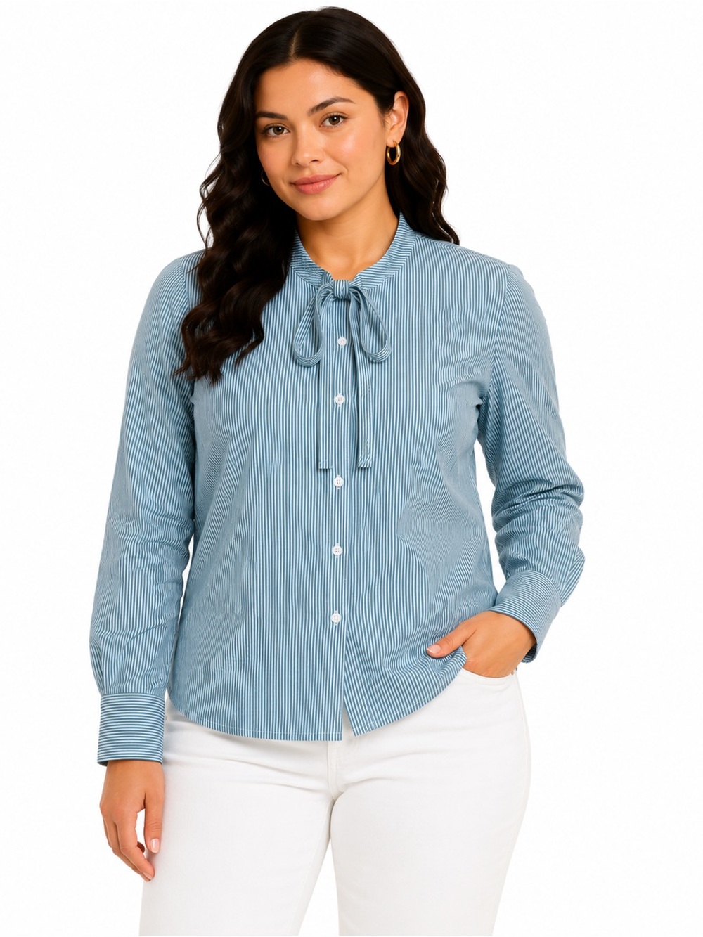 Club Monaco Tie Neck Blouse Small Blue White Stripe Cotton Career Office Top